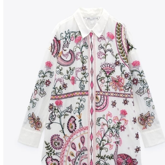 ZARA long sleeves button down embroidered long shirt dress Med  NEW - Picture 10 of 13